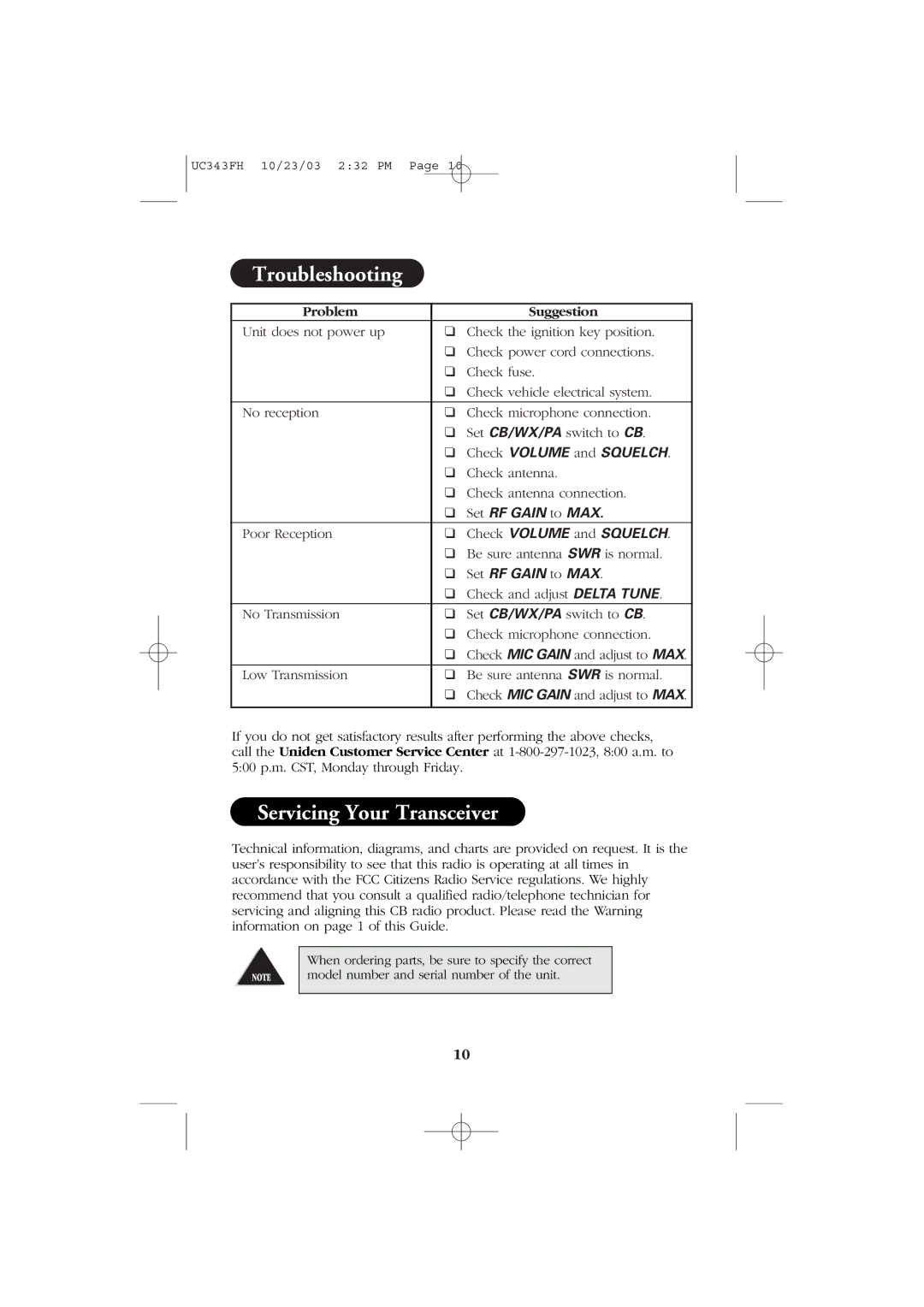 Uniden PC78 manual Troubleshooting, Servicing Your Transceiver 