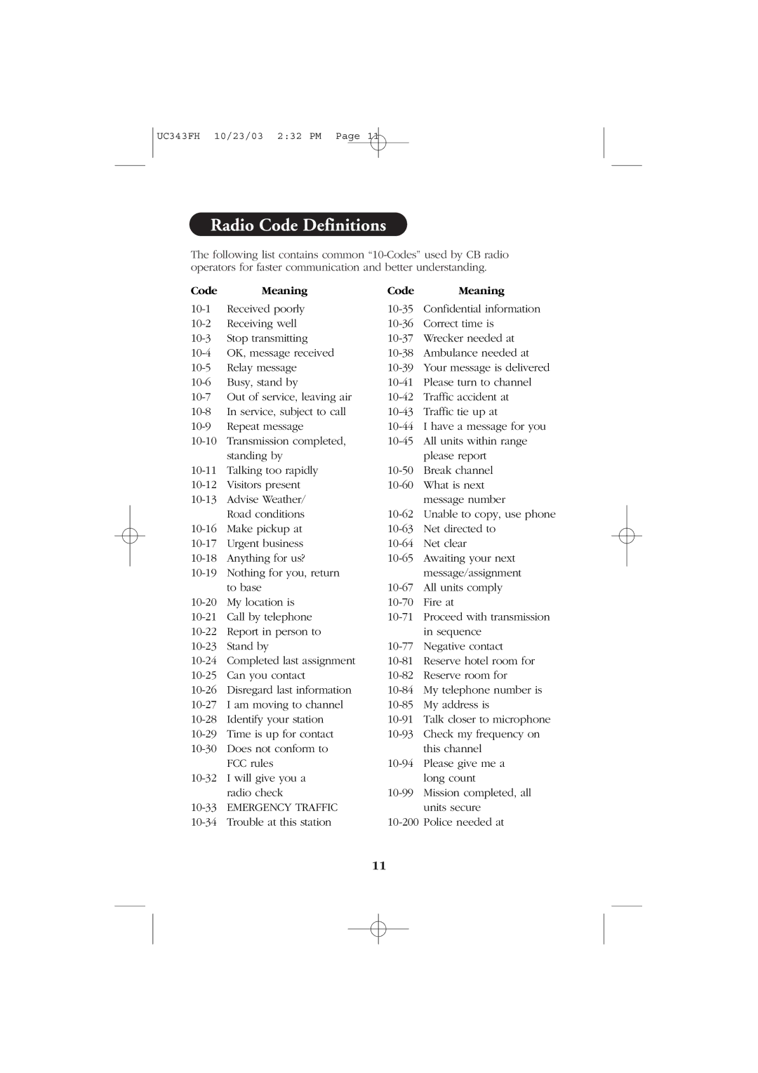 Uniden PC78 manual Radio Code Definitions, Code Meaning 