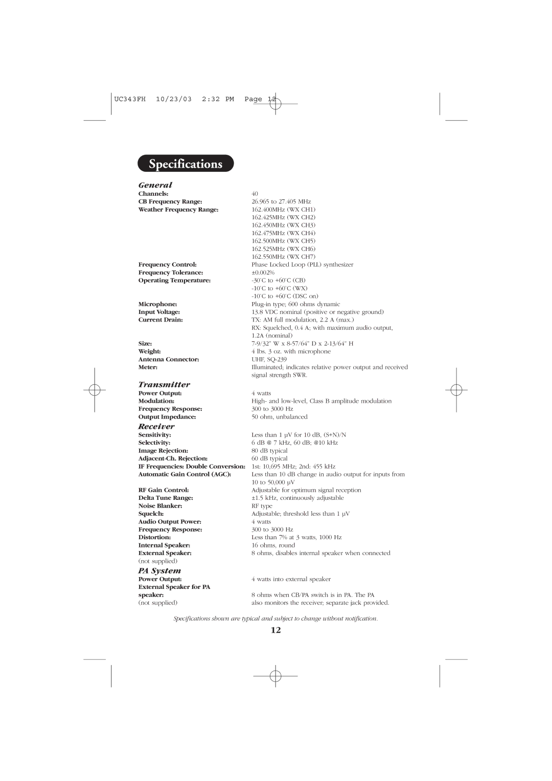 Uniden PC78 manual Specifications, General 