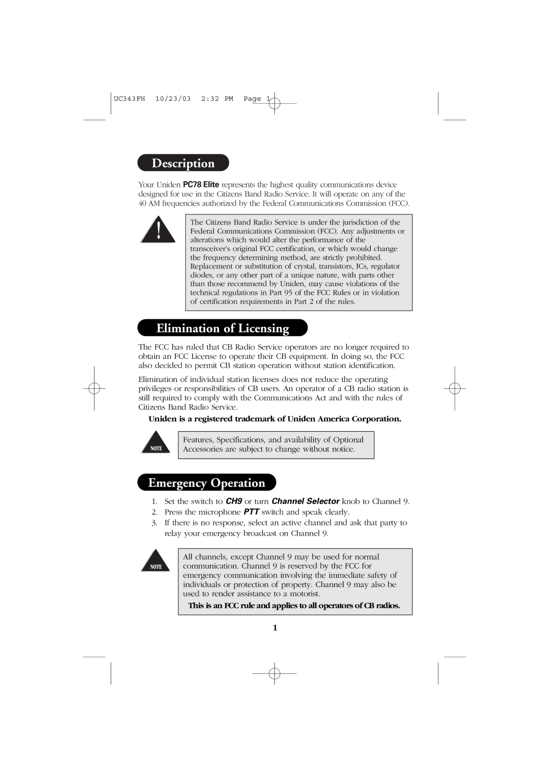 Uniden PC78 manual Description, Elimination of Licensing, Emergency Operation 