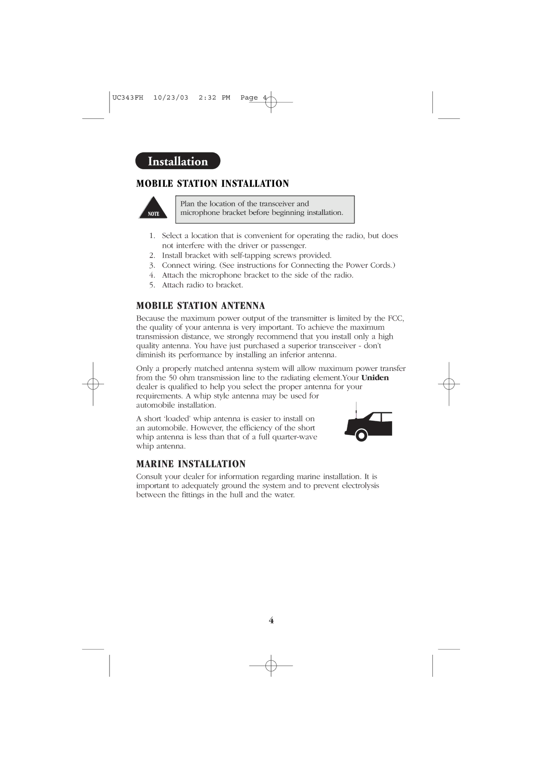 Uniden PC78 manual Mobile Station Installation 