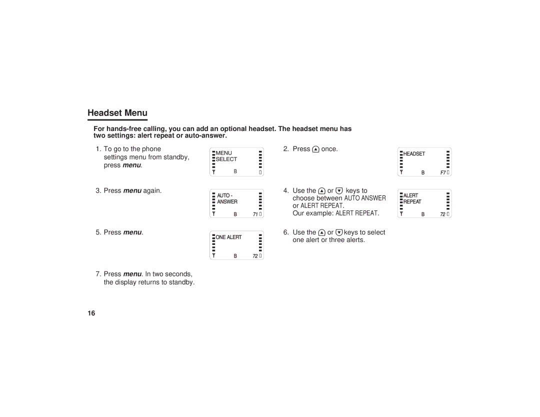 Uniden PCD1087, PCD1080, PCD1086 manual Headset Menu 