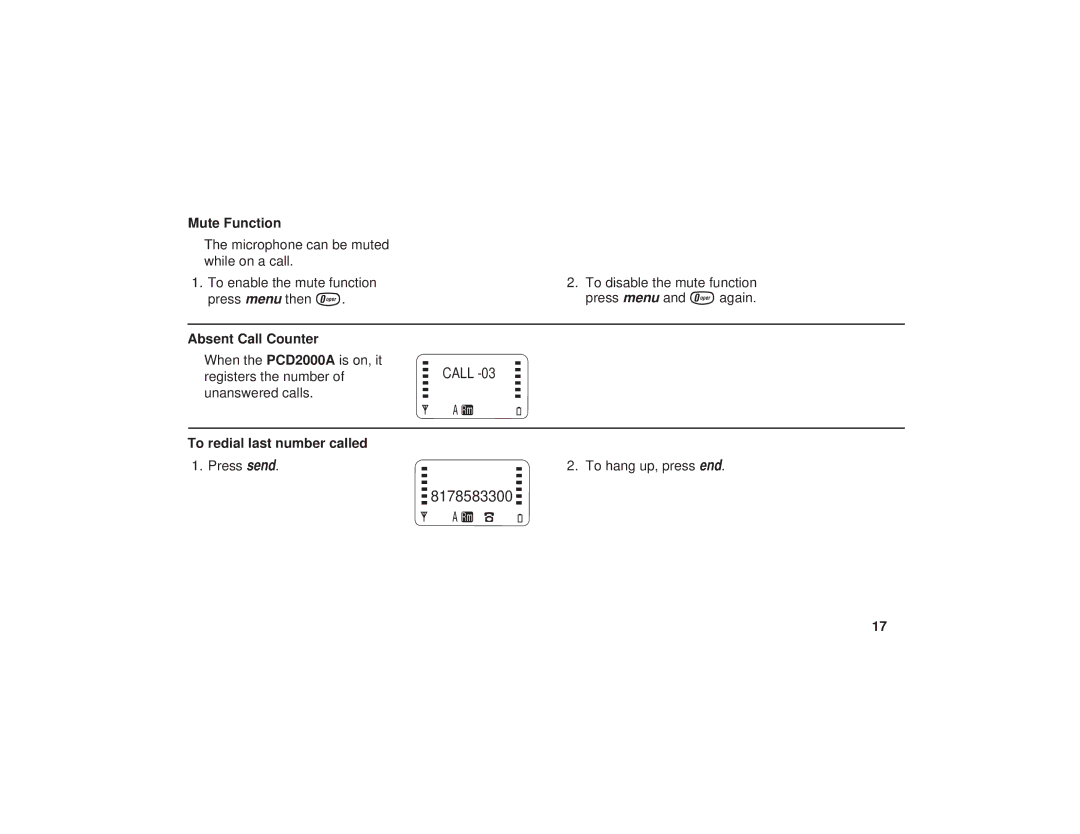 Uniden PCD1080, PCD1086, PCD1087 manual Mute Function, Absent Call Counter, To redial last number called 