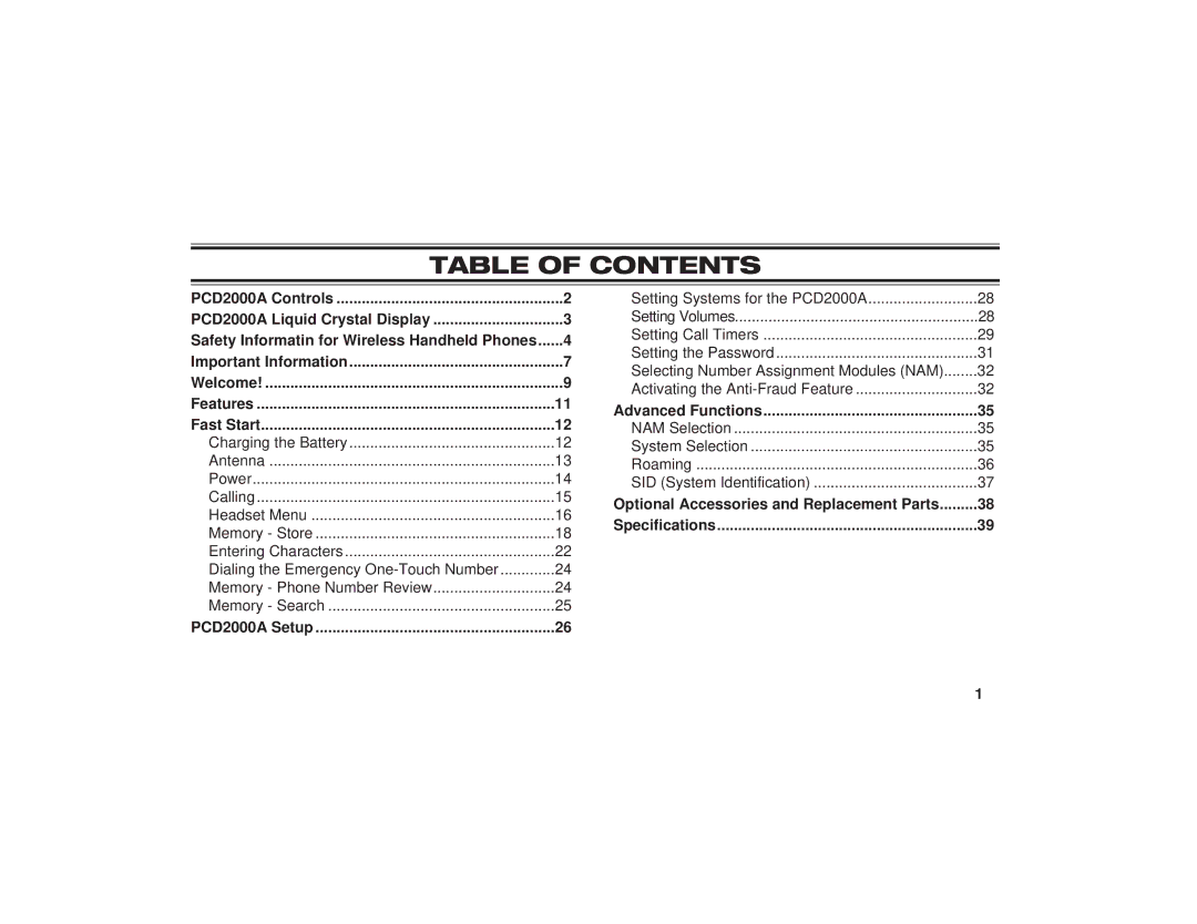 Uniden PCD1087, PCD1080, PCD1086 manual Table of Contents 