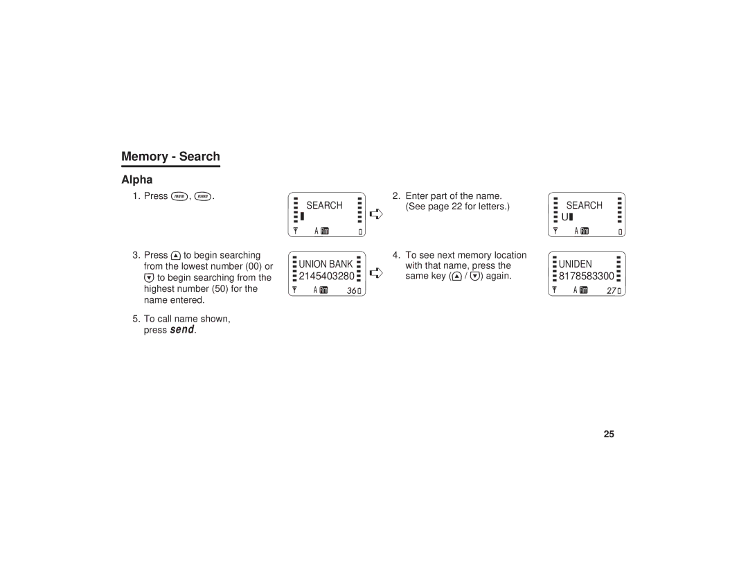 Uniden PCD1087, PCD1080, PCD1086 manual Memory Search, Alpha 