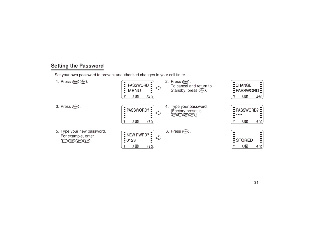 Uniden PCD1087, PCD1080, PCD1086 manual Setting the Password 