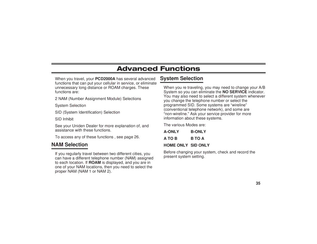 Uniden PCD1080, PCD1086, PCD1087 manual Advanced Functions, NAM Selection System Selection 