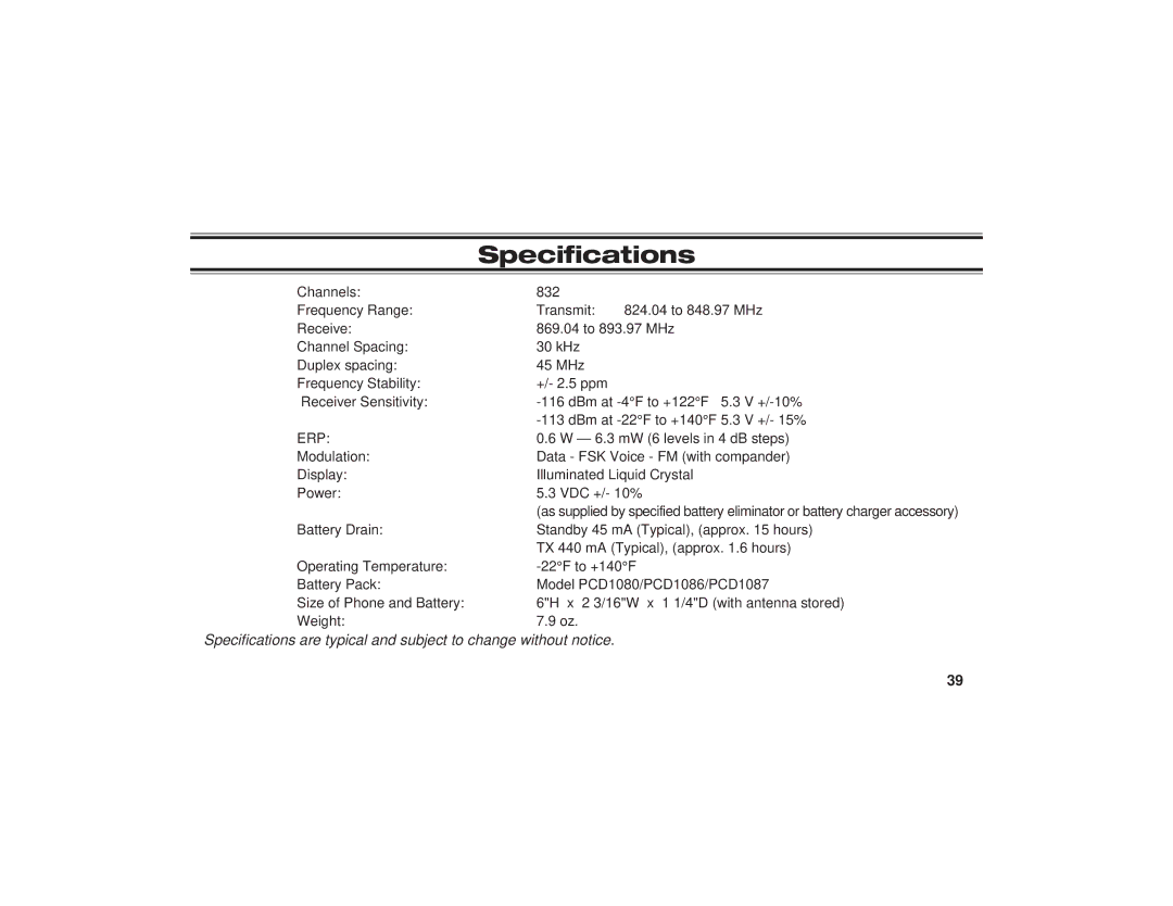 Uniden PCD1086, PCD1080, PCD1087 manual Specifications, Erp 