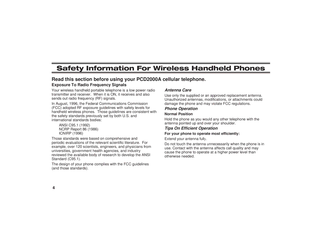 Uniden PCD1087, PCD1080, PCD1086 manual Safety Information For Wireless Handheld Phones, Exposure To Radio Frequency Signals 