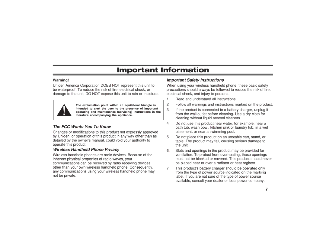 Uniden PCD1087, PCD1080, PCD1086 manual Important Information, FCC Wants You To Know Wireless Handheld Phone Privacy 