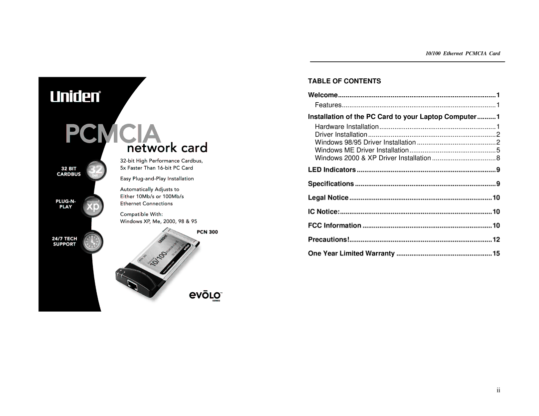 Uniden PCN300 specifications Table of Contents 