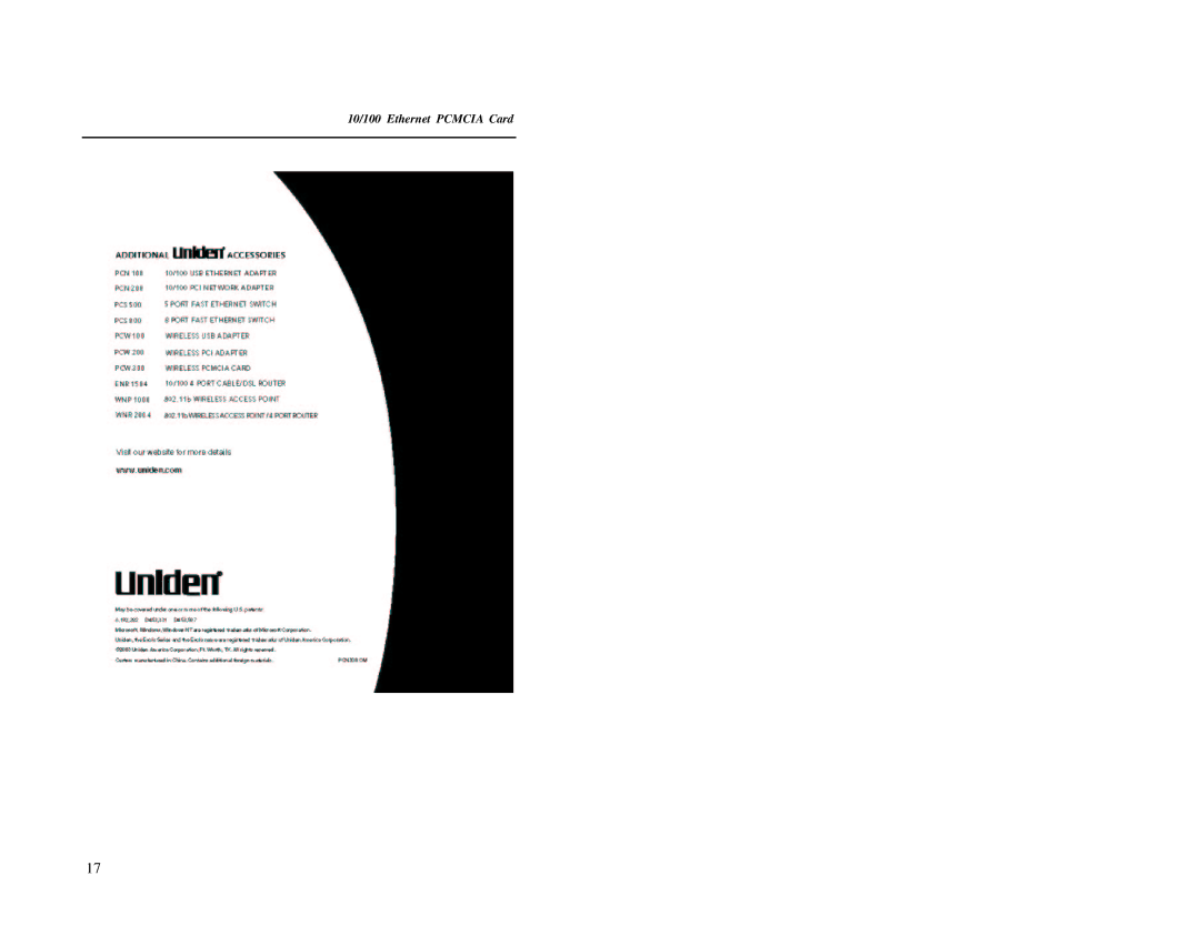 Uniden PCN300 specifications 10/100 Ethernet Pcmcia Card 