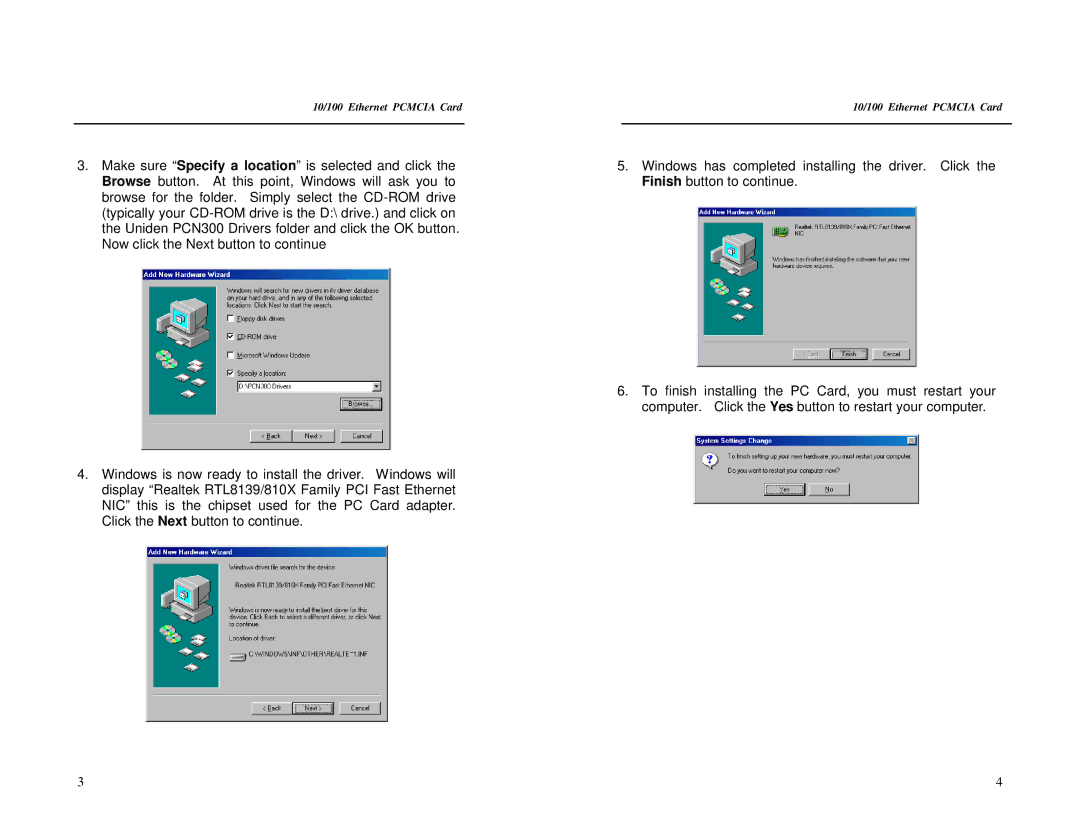 Uniden PCN300 specifications 10/100 Ethernet Pcmcia Card 