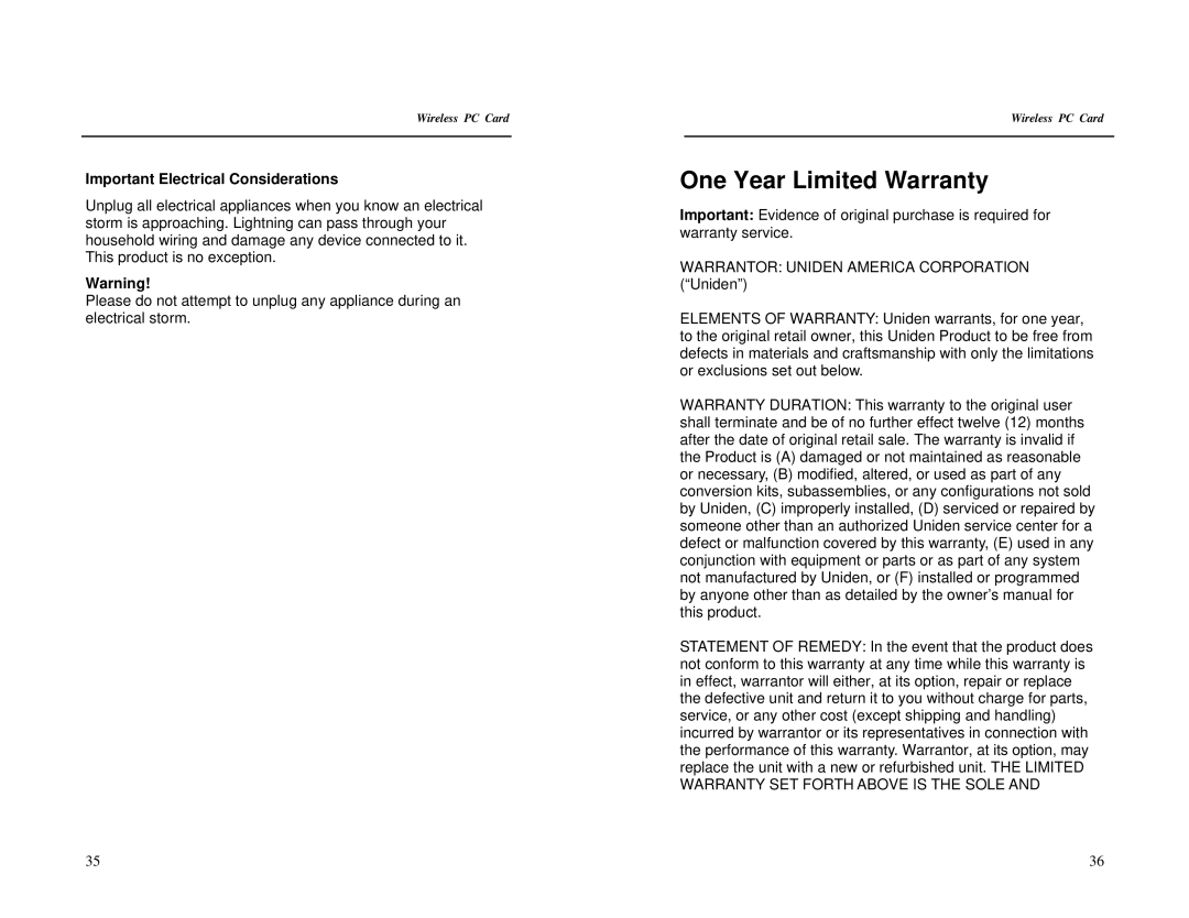 Uniden PCW300 specifications One Year Limited Warranty, Important Electrical Considerations 