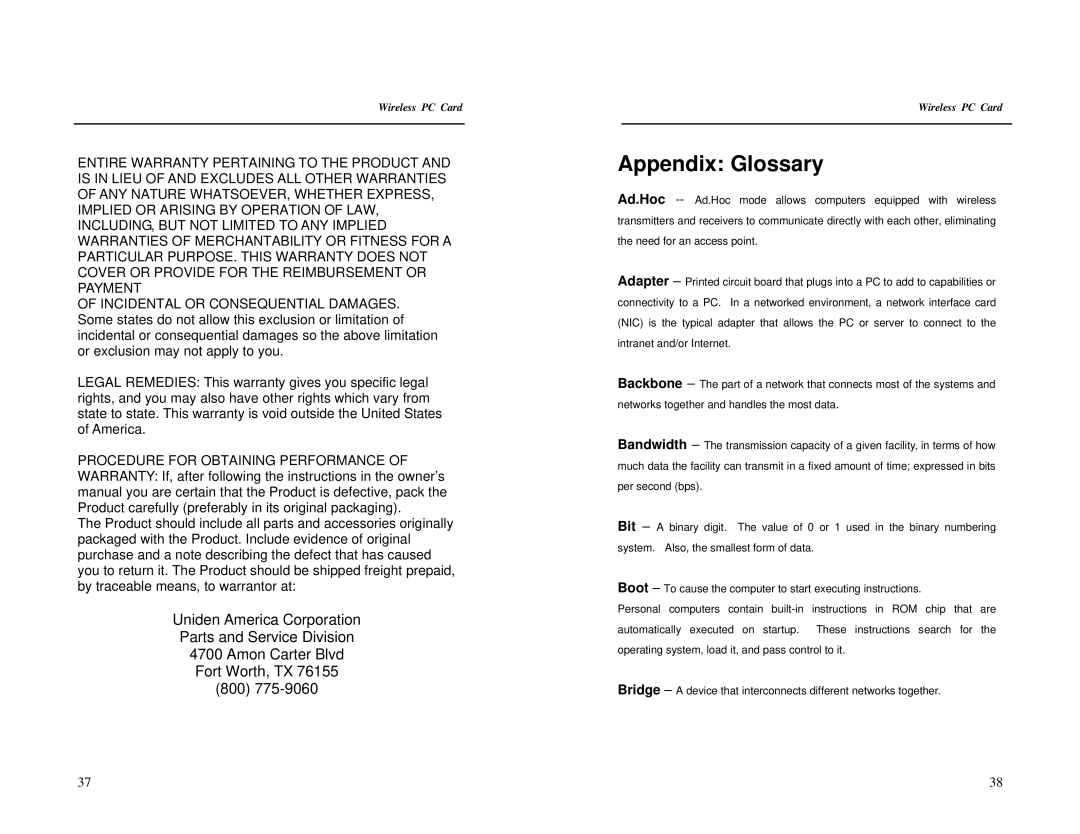 Uniden PCW300 specifications Appendix Glossary 