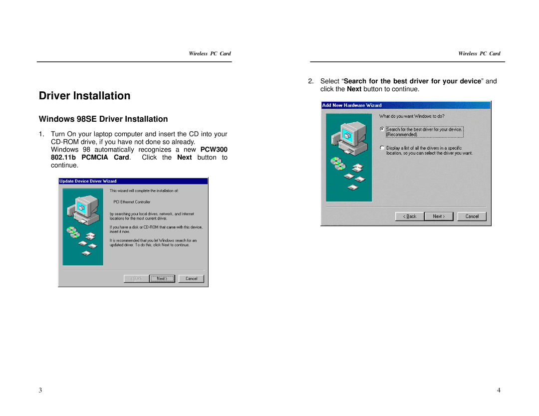 Uniden PCW300 specifications Windows 98SE Driver Installation 