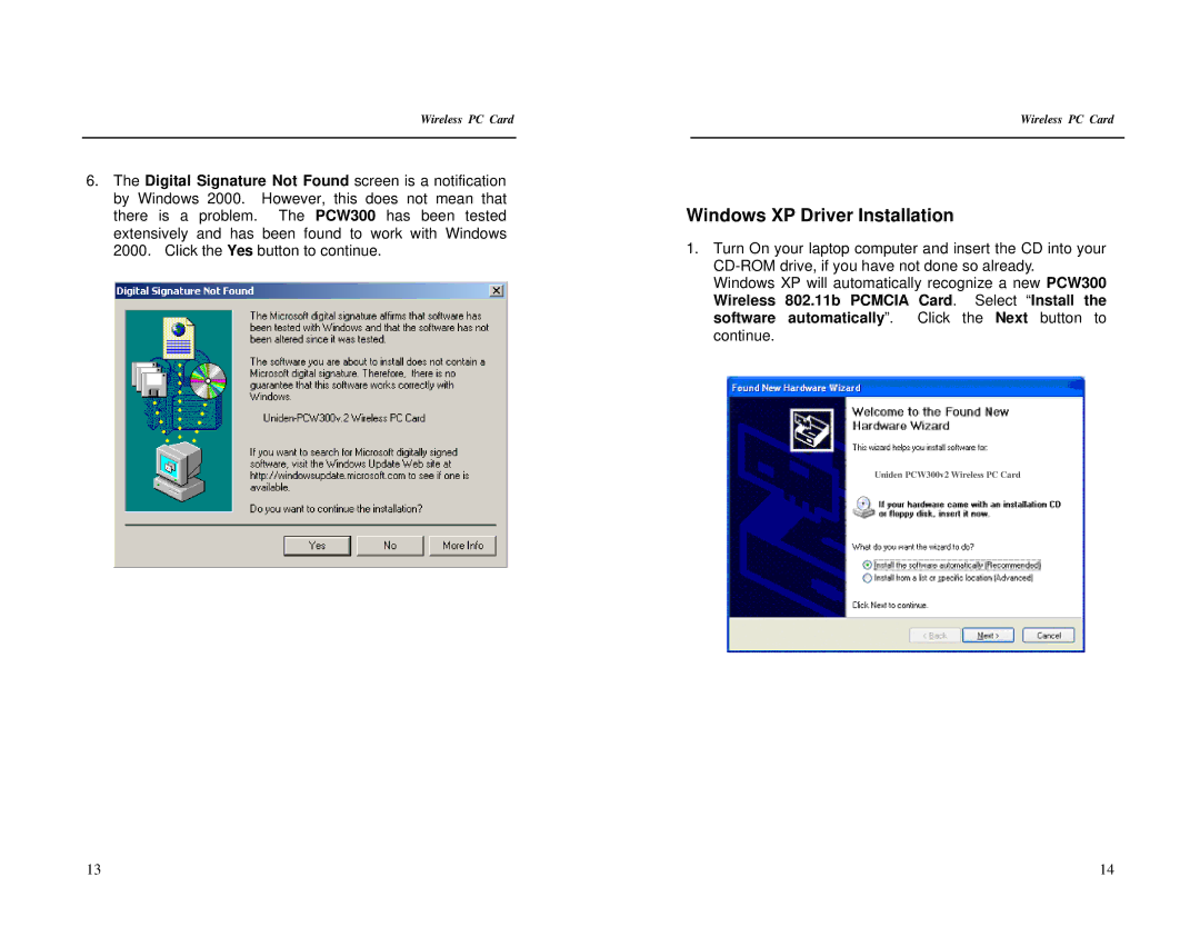 Uniden PCW300 specifications Windows XP Driver Installation 