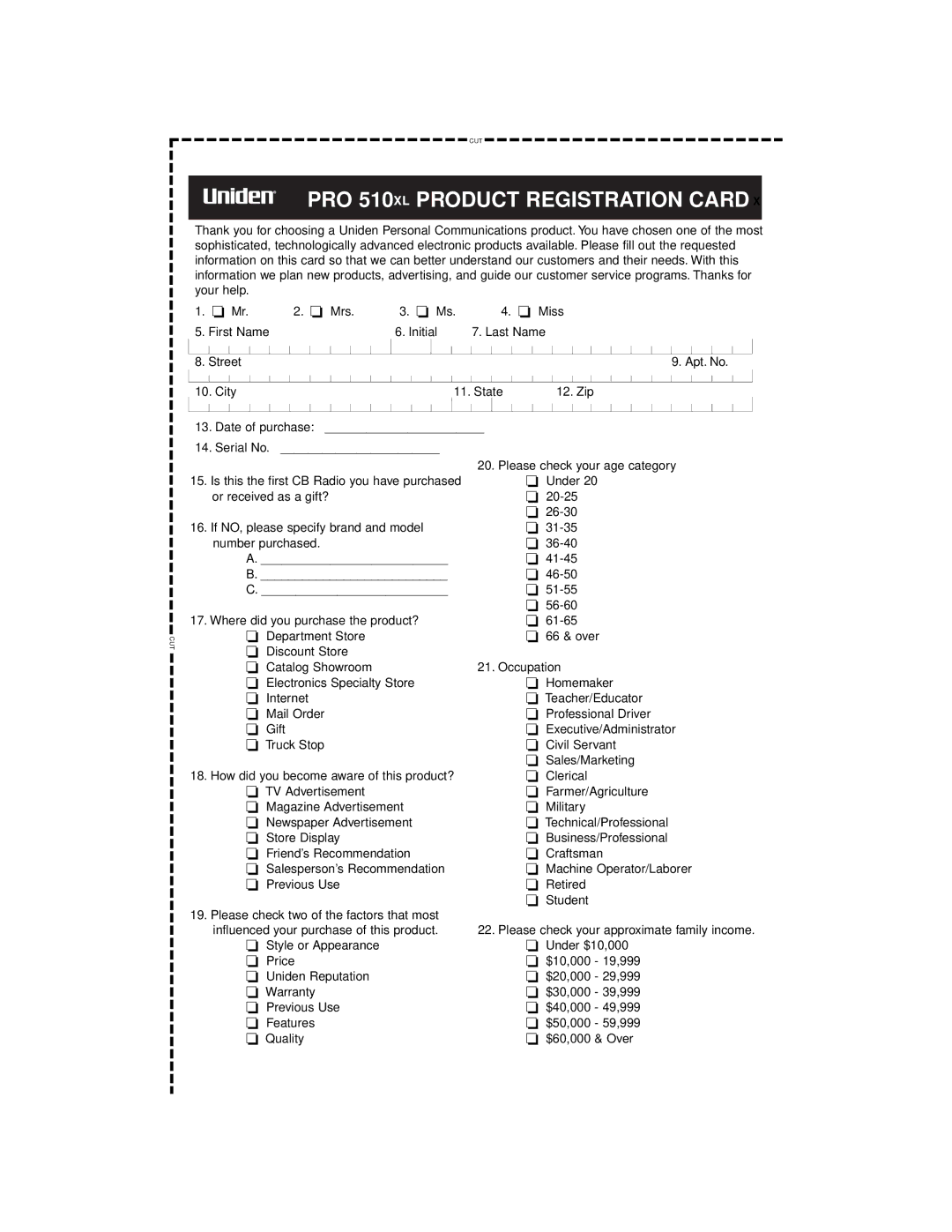 Uniden manual PRO 510XL Product Registration Card 