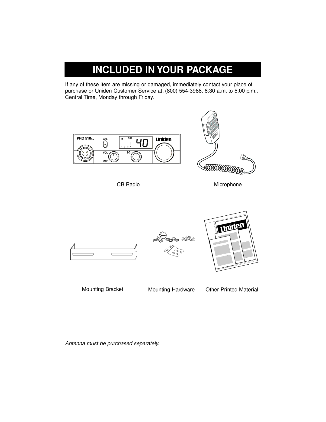 Uniden PRO 510XL manual Included in Your Package, Antenna must be purchased separately 