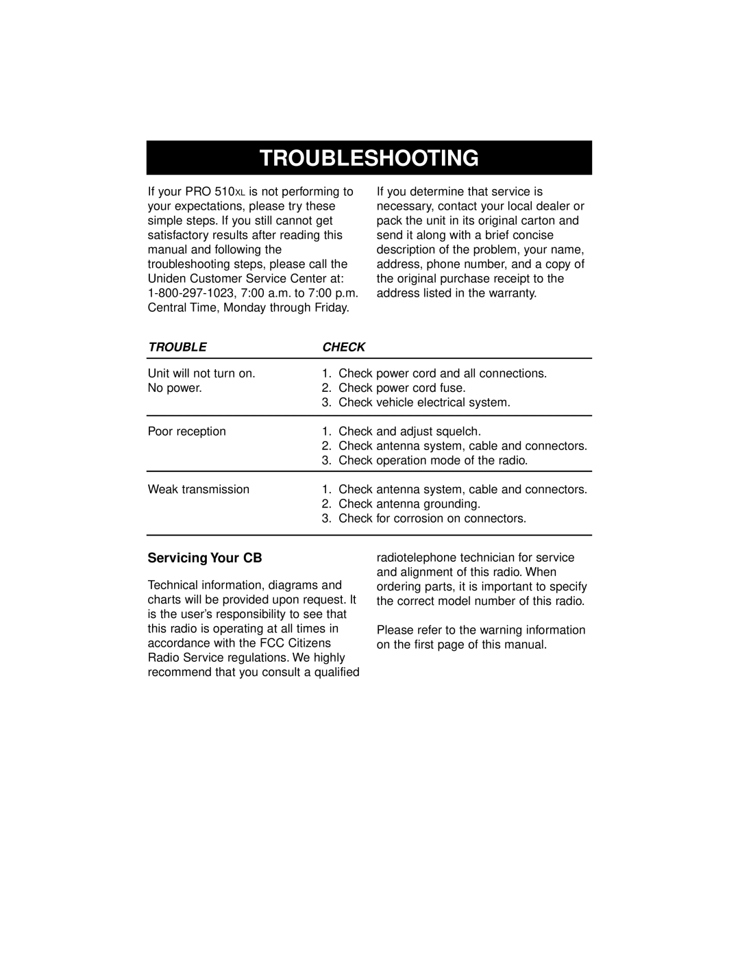 Uniden PRO 510XL manual Troubleshooting, Servicing Your CB 