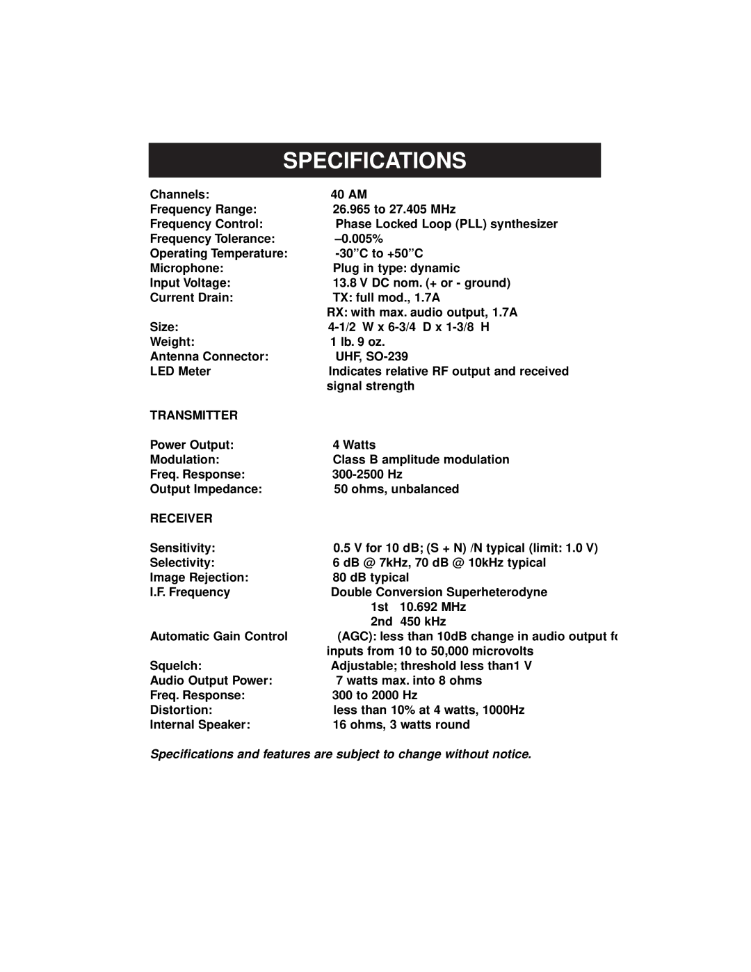 Uniden PRO 510XL manual Specifications, Transmitter 