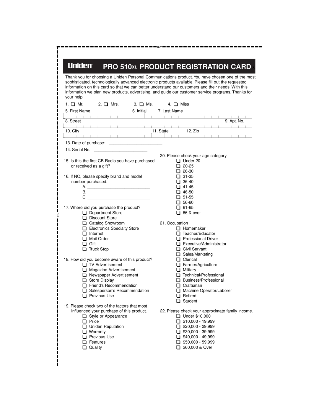 Uniden manual PRO 510XL PRODUCT REGISTRATION CARD 