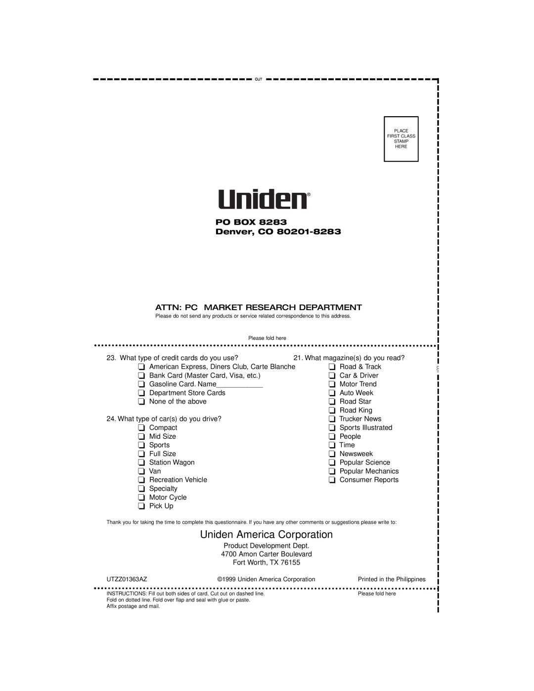 Uniden PRO 510XL manual Uniden America Corporation, PO BOX Denver, CO, Attn: Pc Market Research Department 