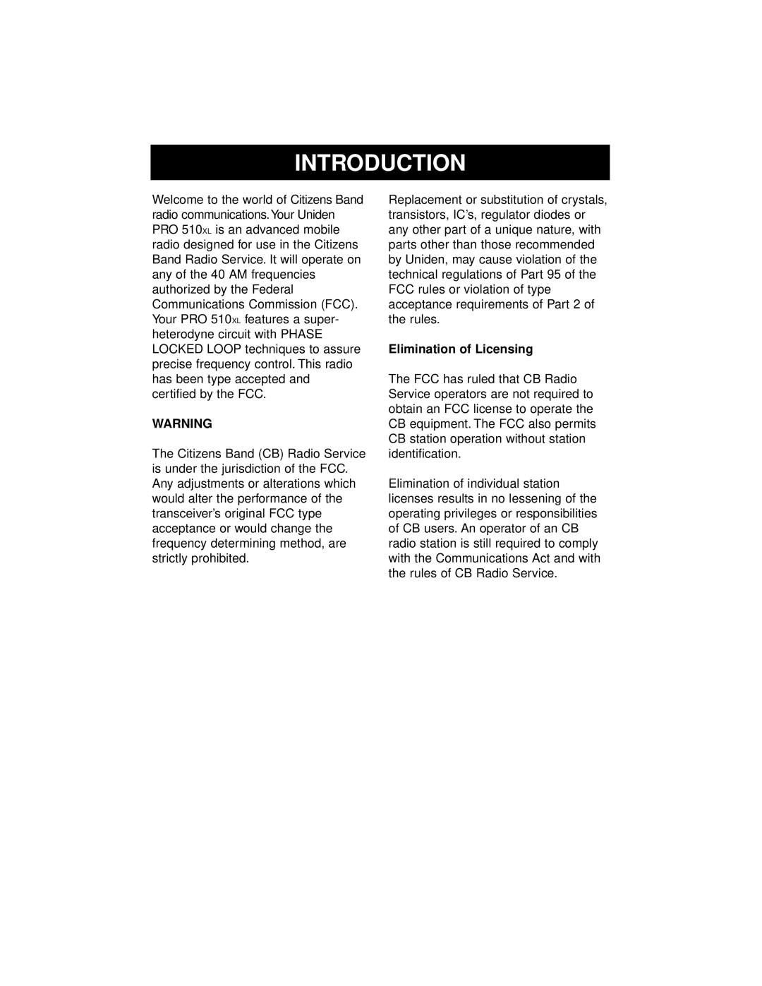 Uniden PRO 510XL manual Introduction, Elimination of Licensing 