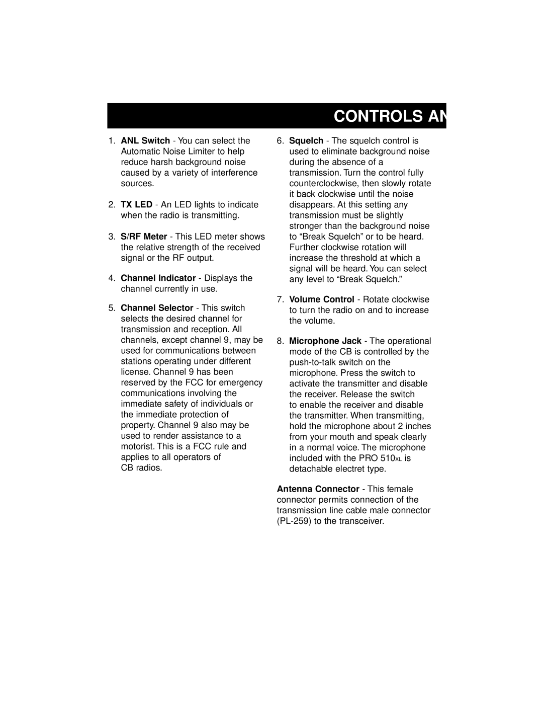 Uniden PRO 510XL manual Controls An 