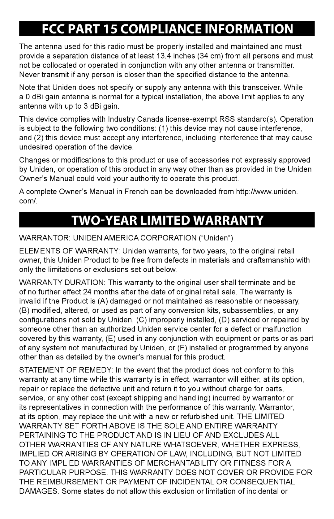 Uniden PRO 510XL manual FCC Part 15 Compliance Information, TWO-YEAR Limited Warranty 