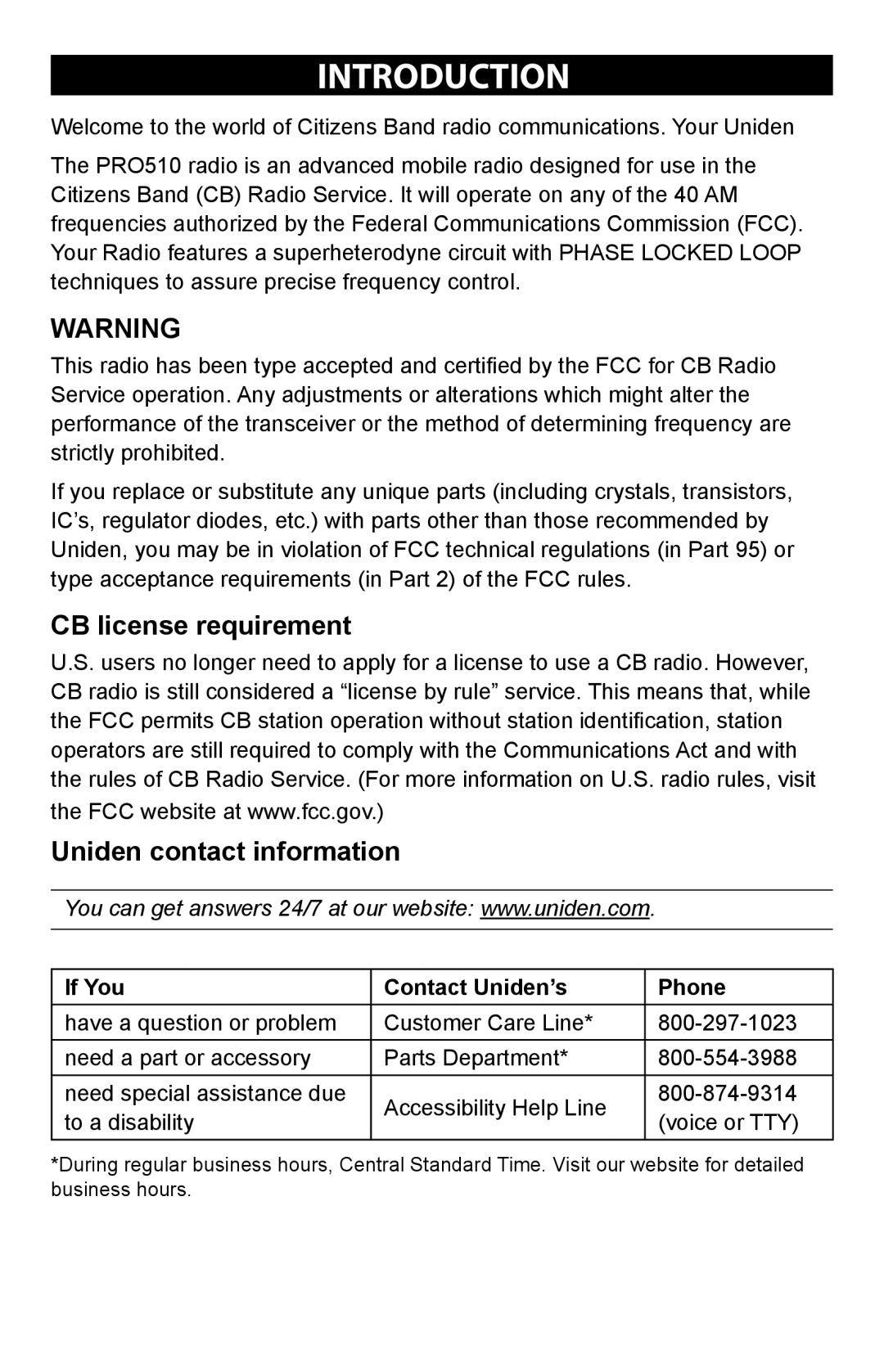 Uniden PRO 510XL manual Introduction, CB license requirement Uniden contact information, If You Contact Uniden’s Phone 