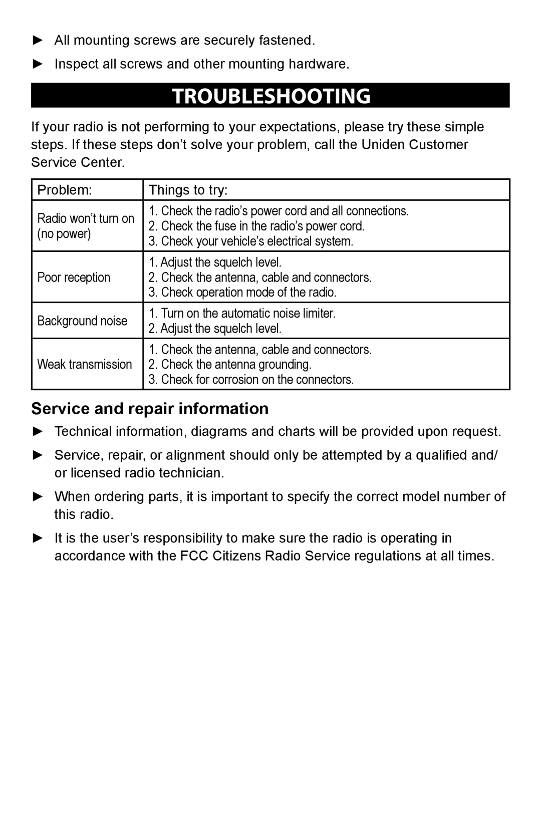 Uniden PRO 510XL manual Troubleshooting, Service and repair information 