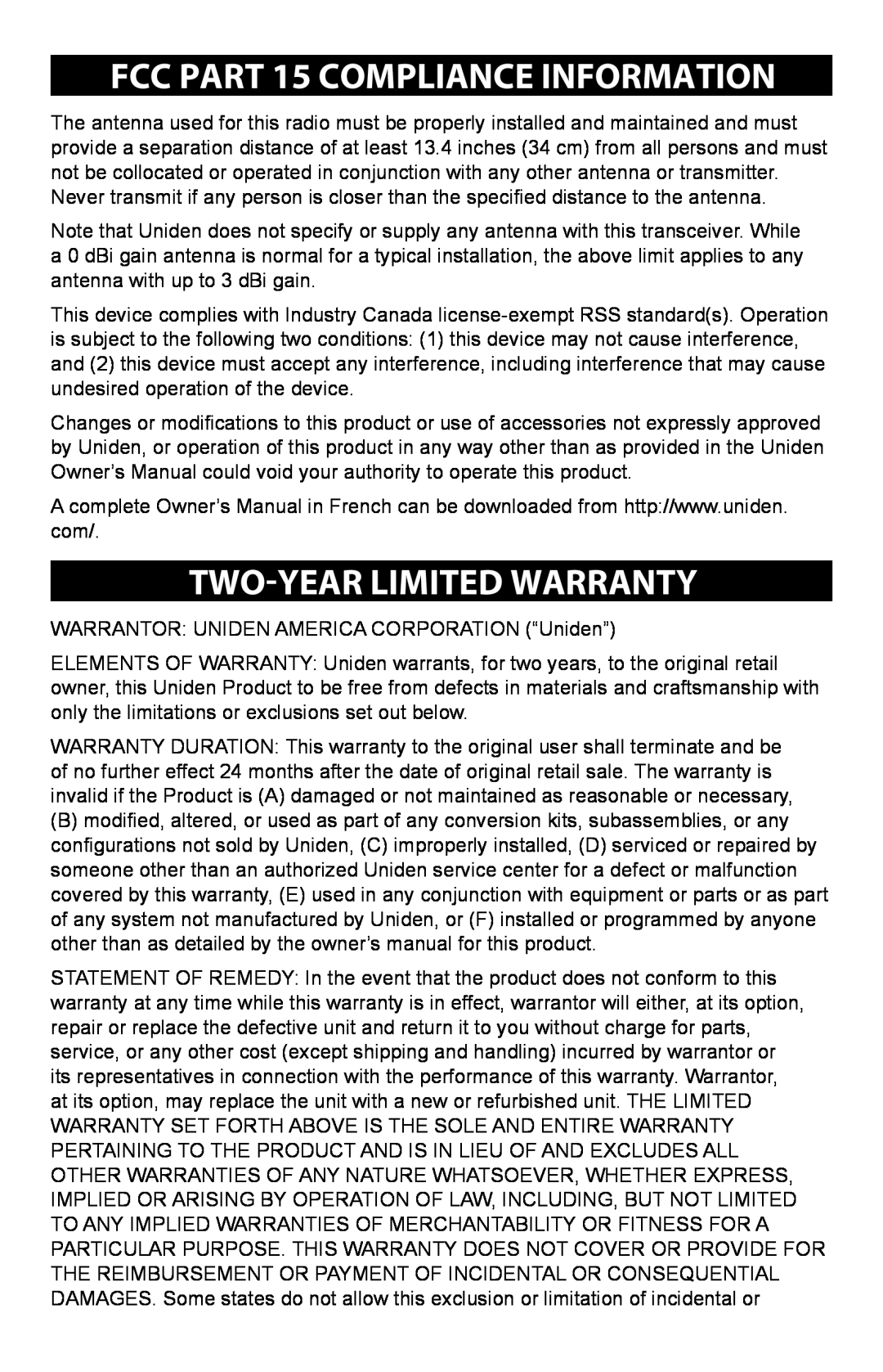 Uniden PRO 510XL manual FCC Part 15 Compliance Information, Two-Yearlimited Warranty 