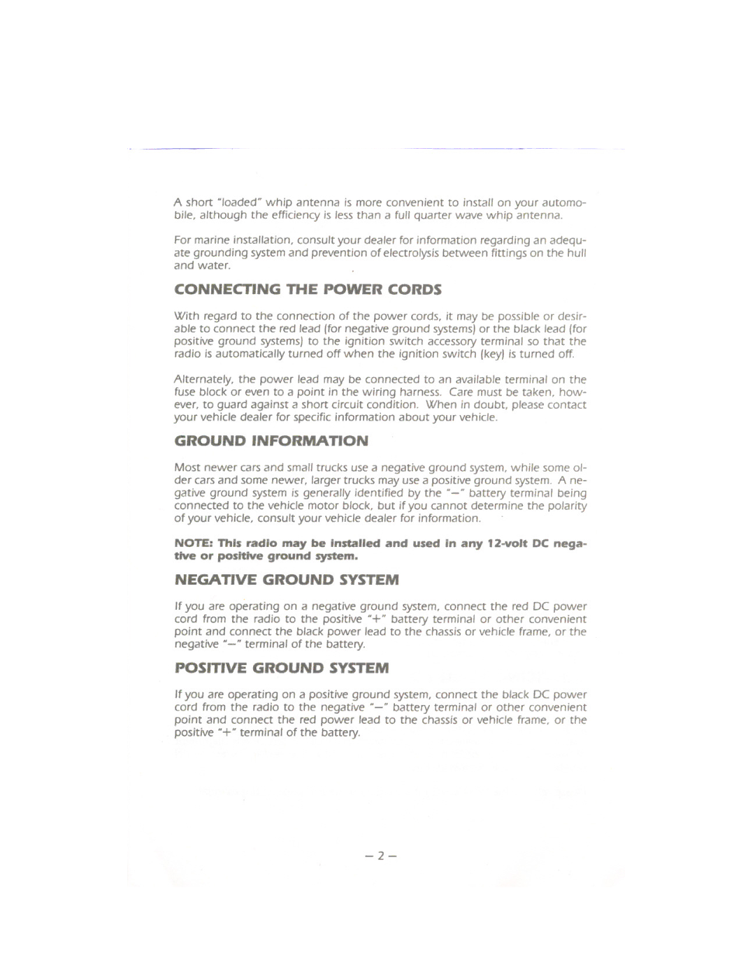 Uniden PRO 540e owner manual Negative Ground System, Connecting the Power Cords, Positive Ground System 