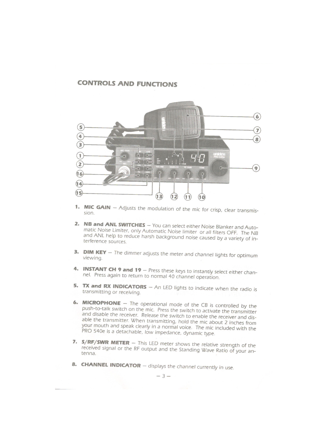 Uniden PRO 540e owner manual Controls and Functions 