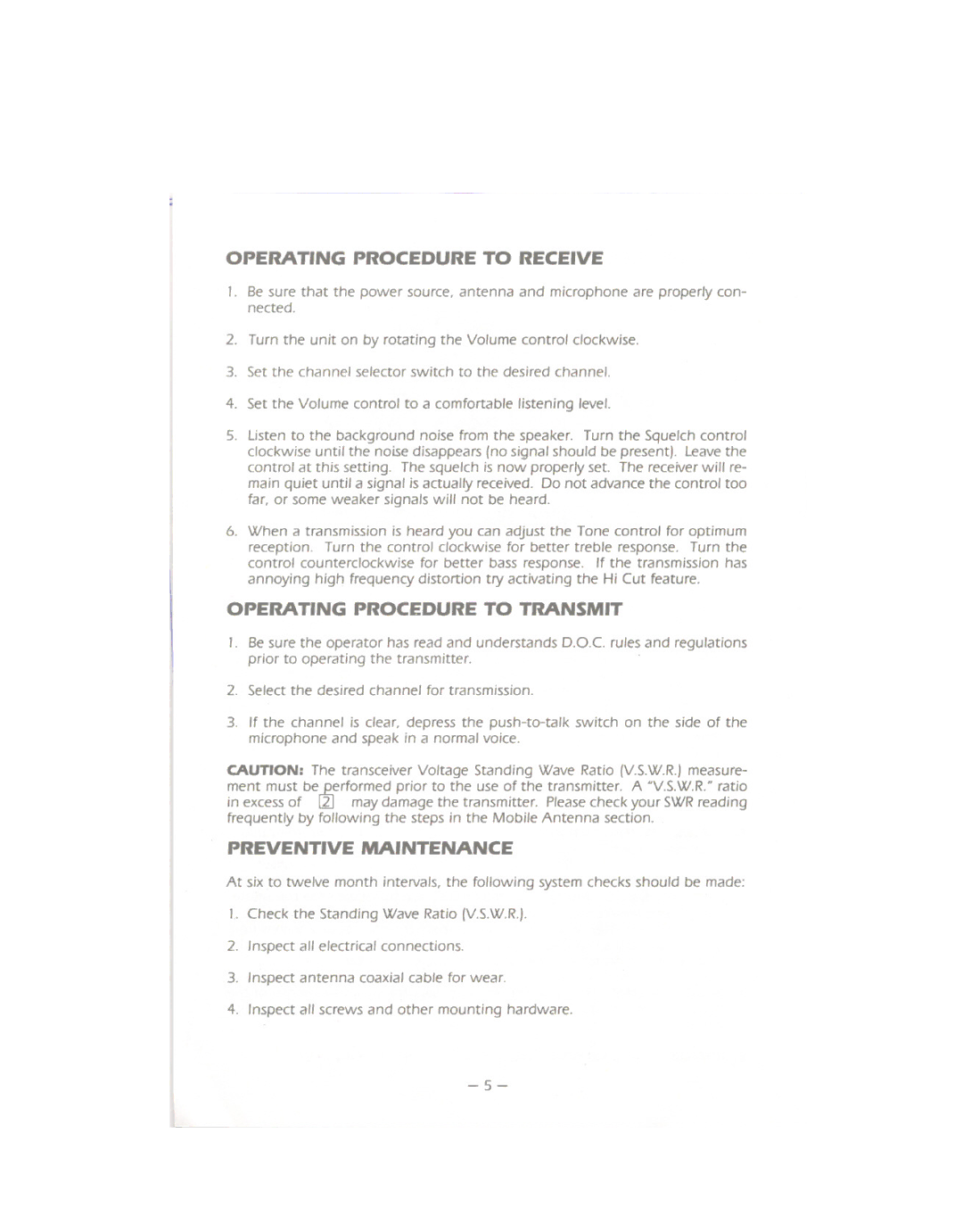 Uniden PRO 540e owner manual Operating Procedure to Receive, Operating Procedure to Transmit, Preventive Maintenance 