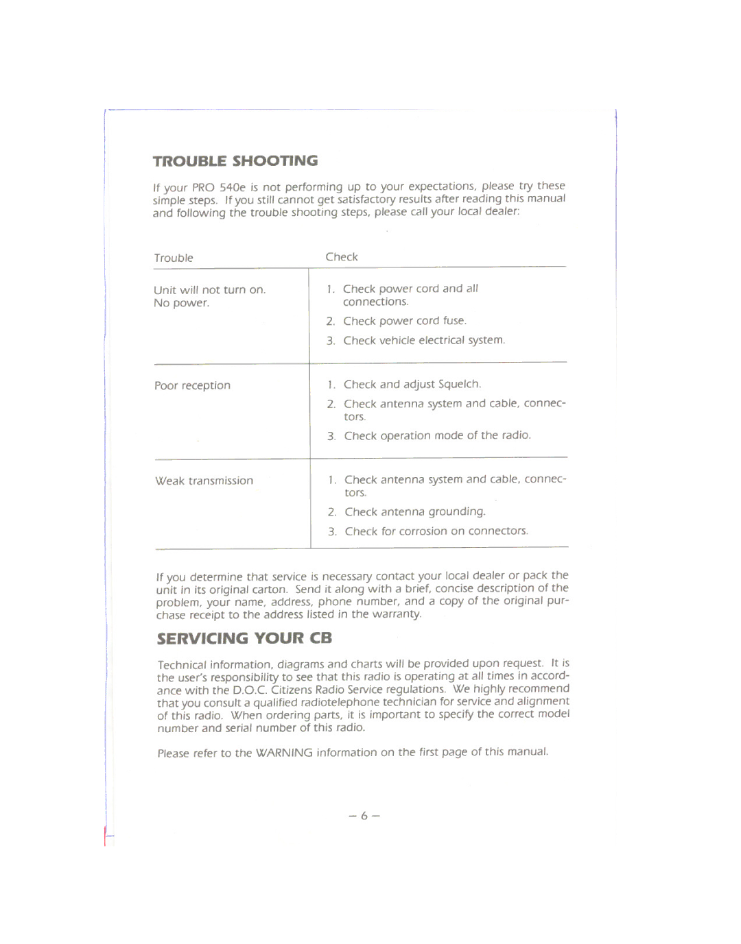 Uniden PRO 540e owner manual Servicing Your CB, Trouble Shooting 