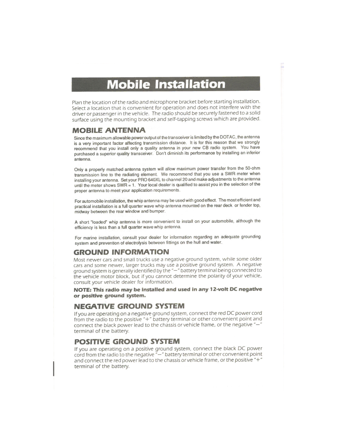 Uniden PRO 640XL owner manual Mobile Installation, Mobile Antenna, Negative Ground System, Positive Ground System 