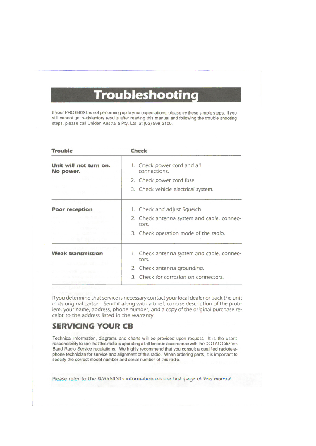 Uniden PRO 640XL owner manual Trou bleshooti ng, Servicing Your CB 