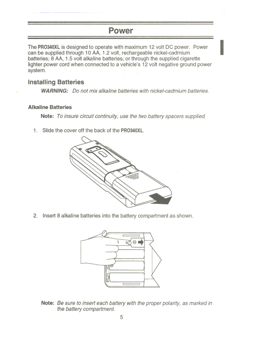 Uniden PRO340XL manual Power, Installing Batteries 