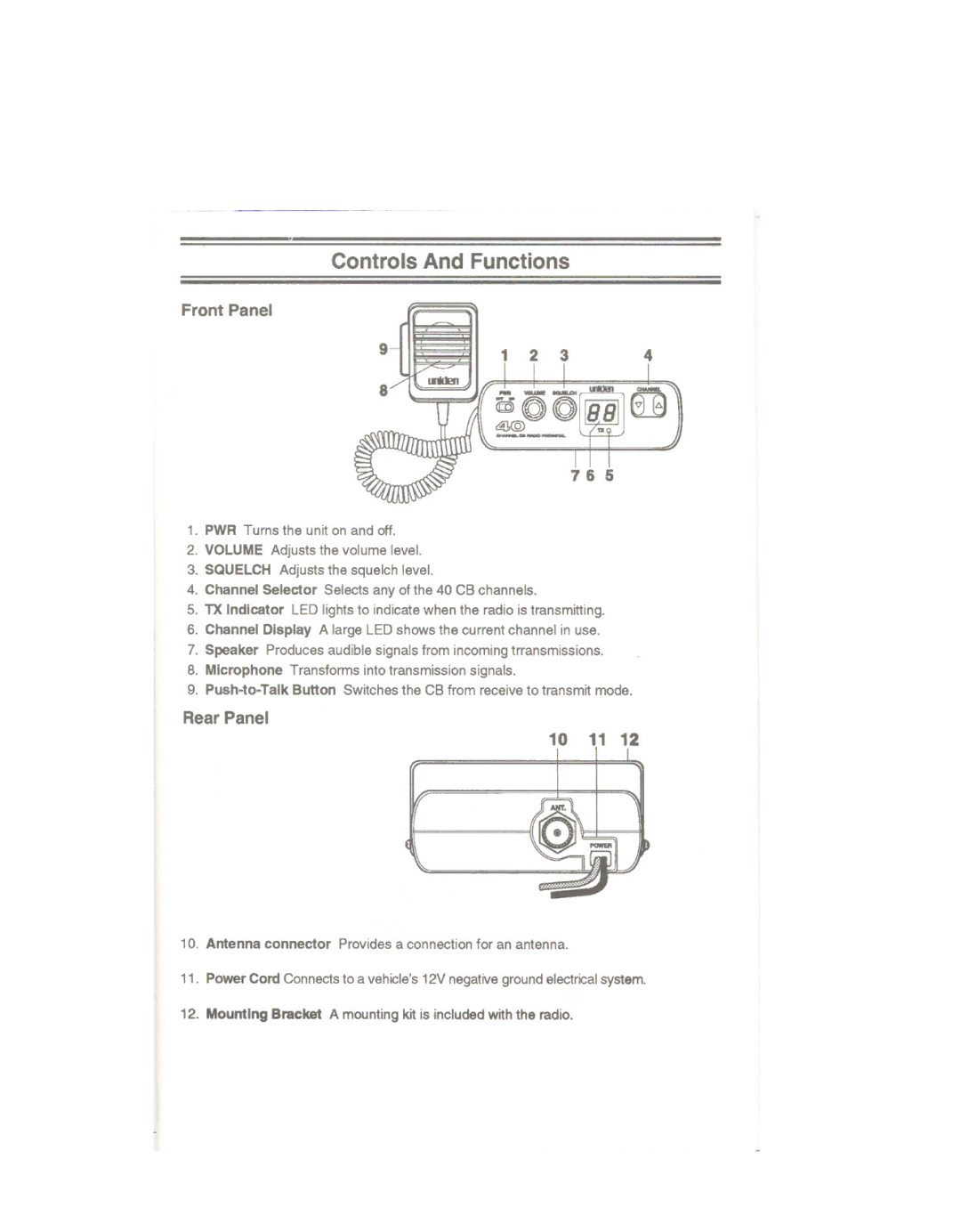 Uniden PRO501XL manual Front Panel, Rear Panel 