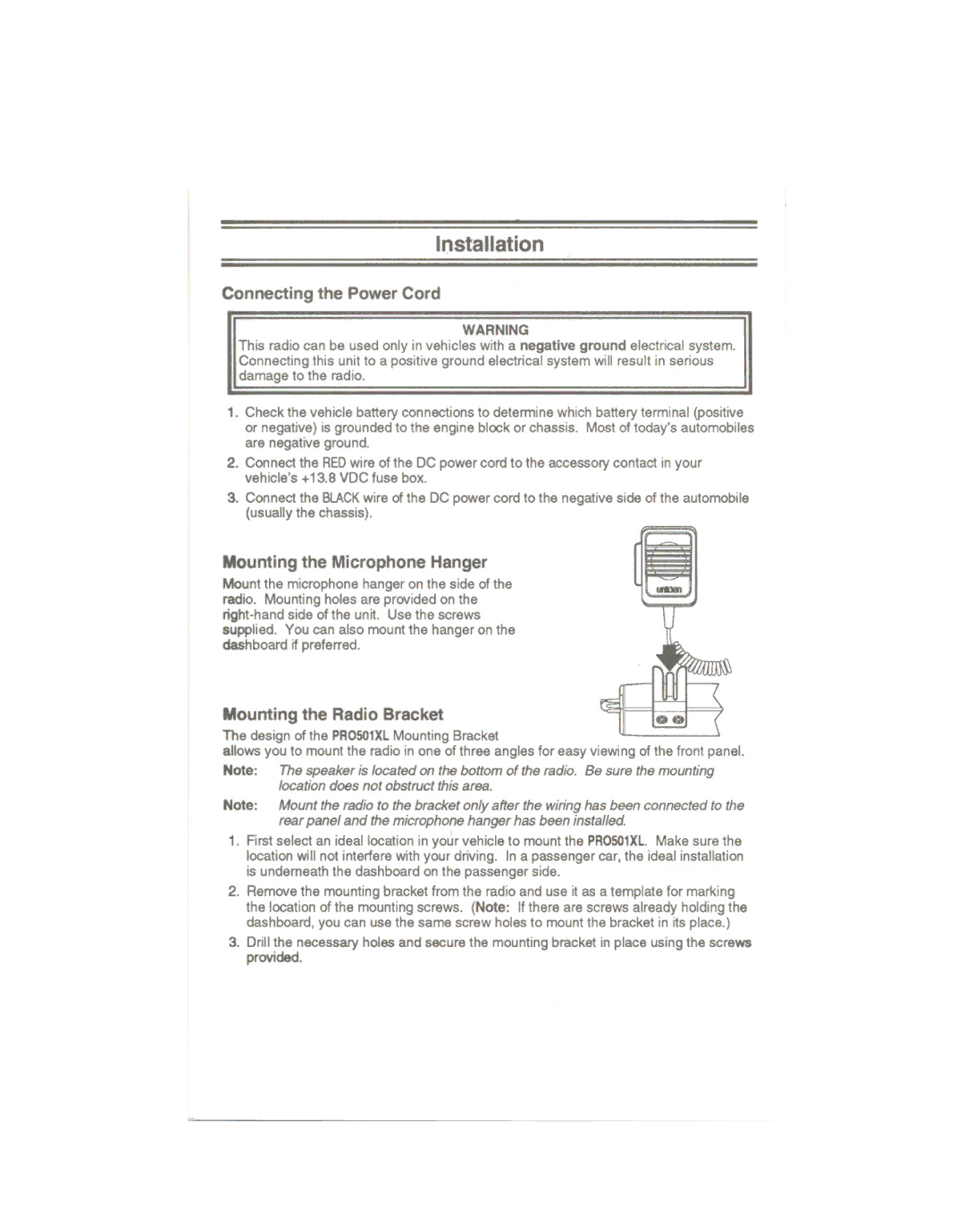 Uniden PRO501XL manual Installation, Connecting the Power Cord 