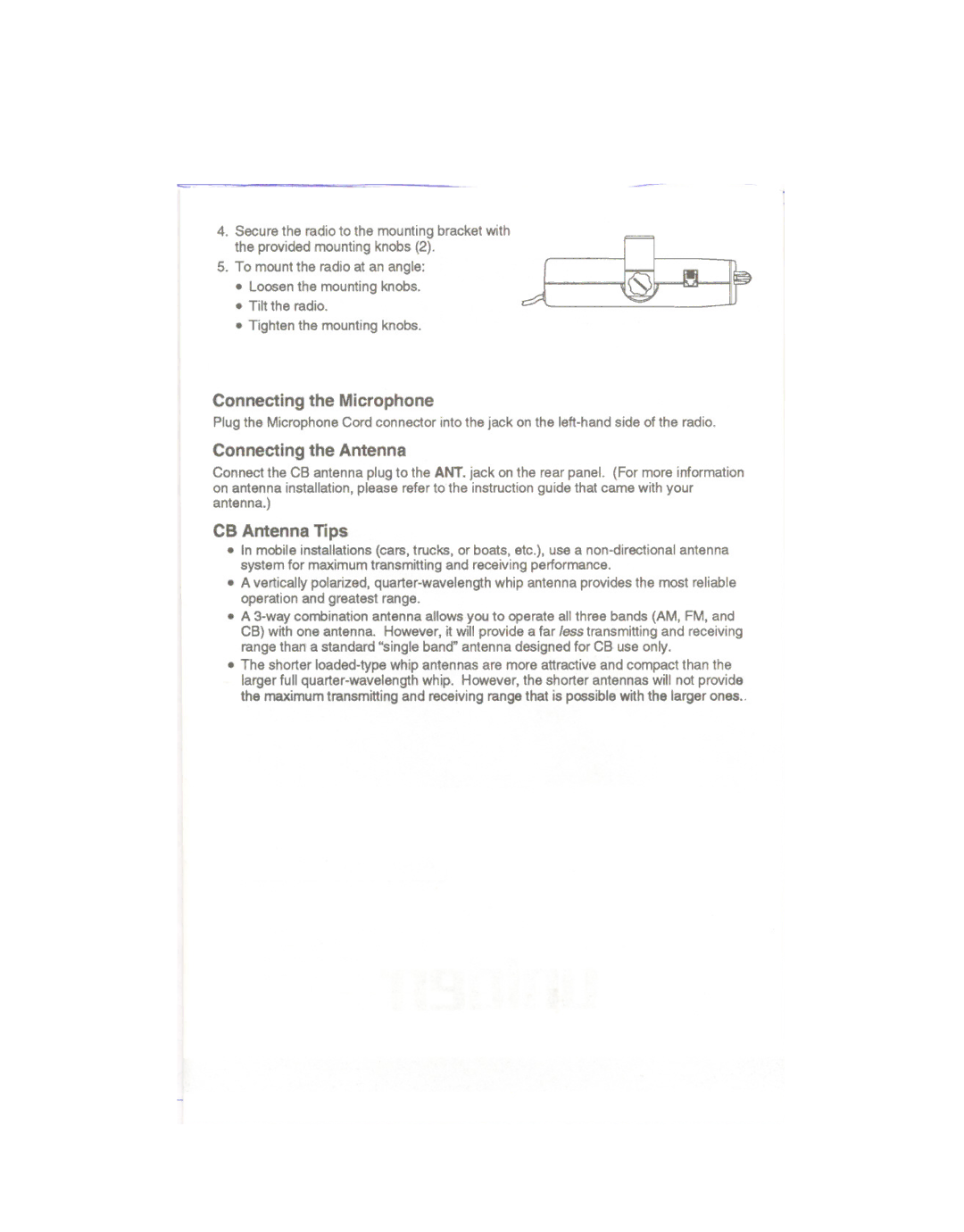 Uniden PRO501XL manual Connecting the Microphone, Connecting the Antenna, CB Antenna TIps 