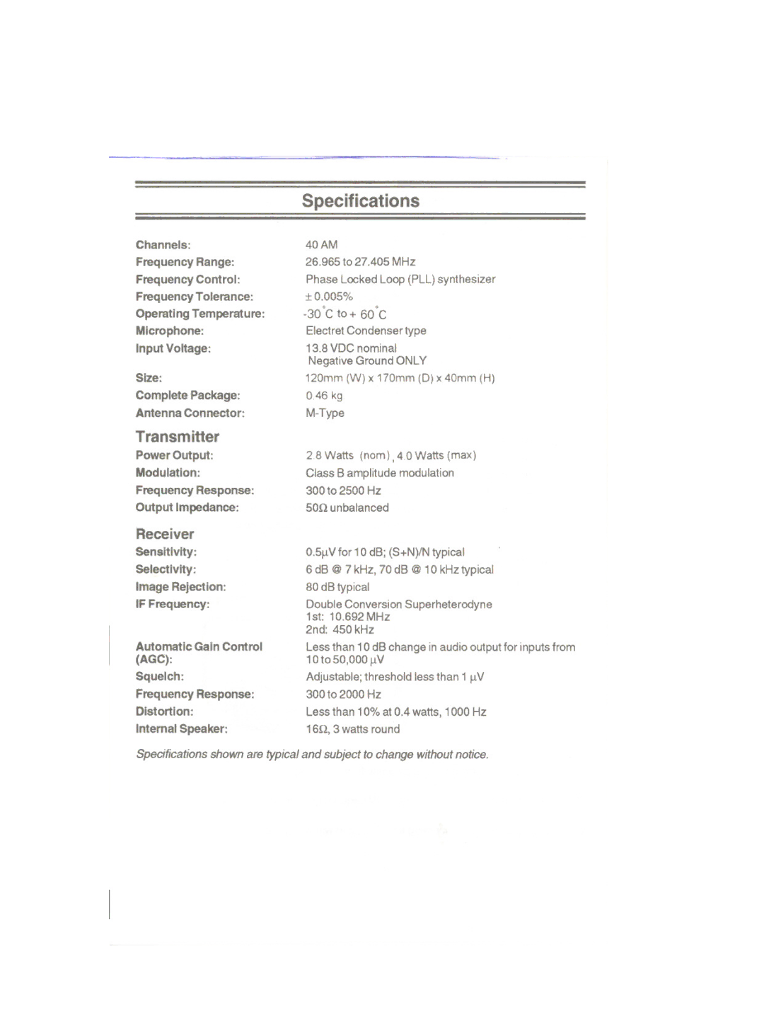 Uniden PRO501XL manual Specifications, Transm iller 