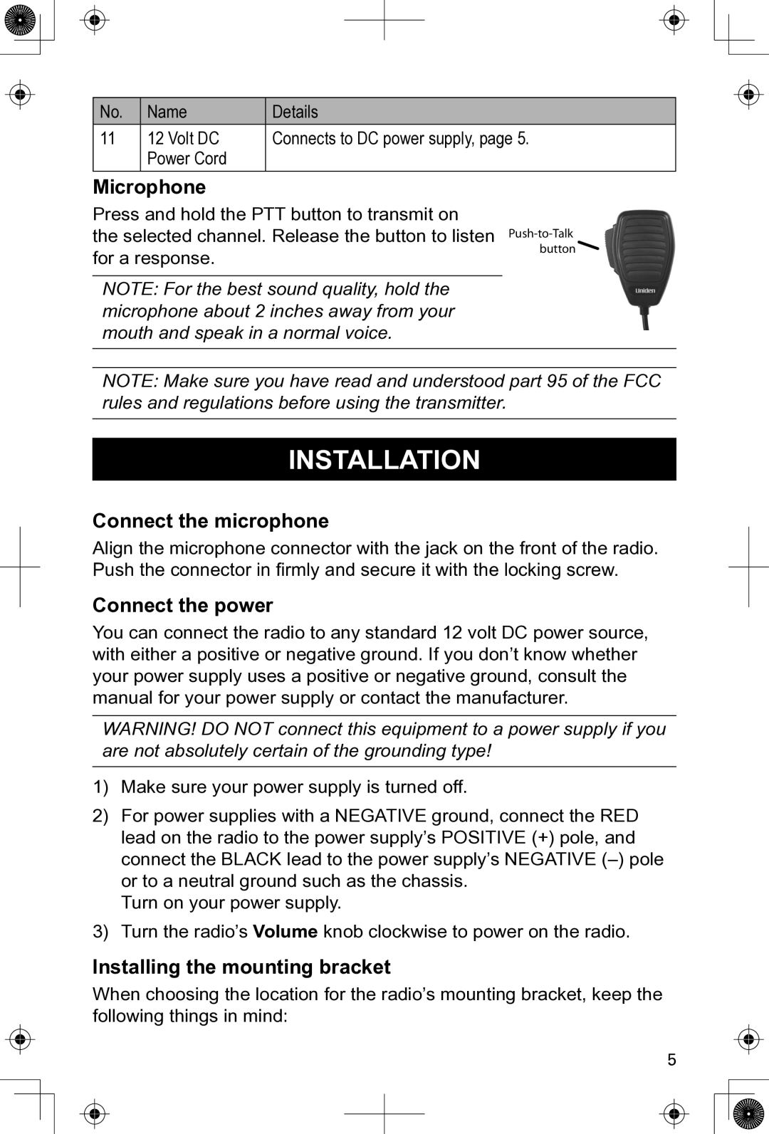 Uniden PRO505XL manual Installation, Microphone, Connect the microphone, Connect the power, Installing the mounting bracket 