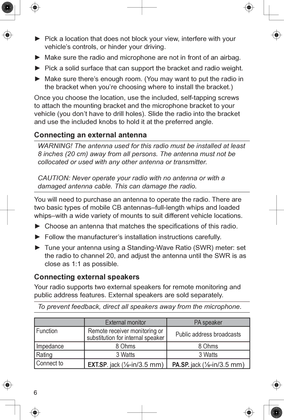 Uniden PRO505XL manual Connecting an external antenna, Connecting external speakers 