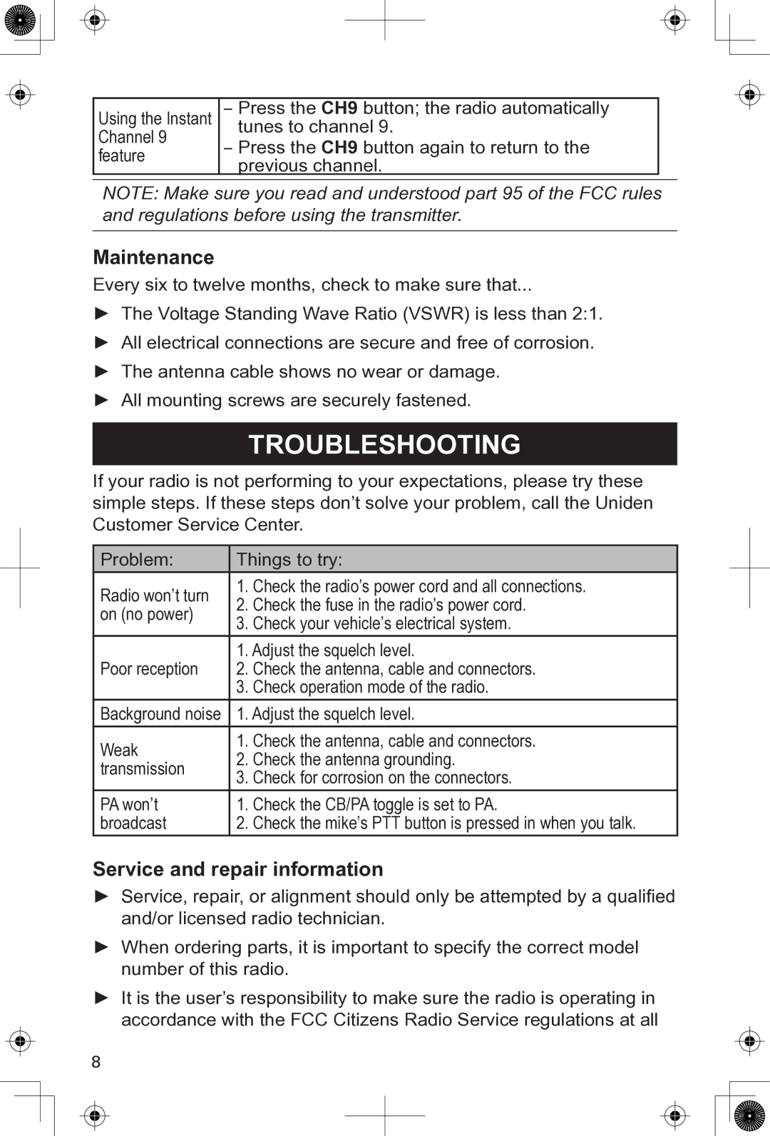 Uniden PRO505XL manual Maintenance, Service and repair information 