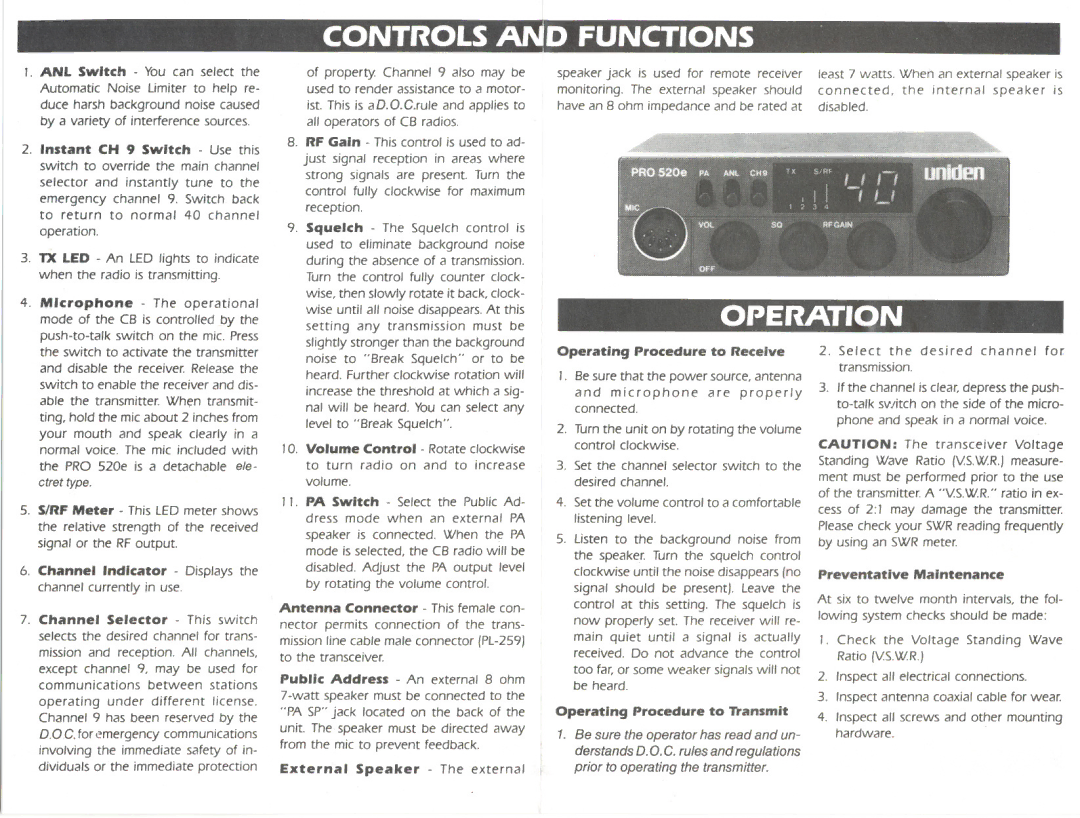 Uniden PRO520E manual Controls Dfunctions, Operation, Operating Procedure to Receive 