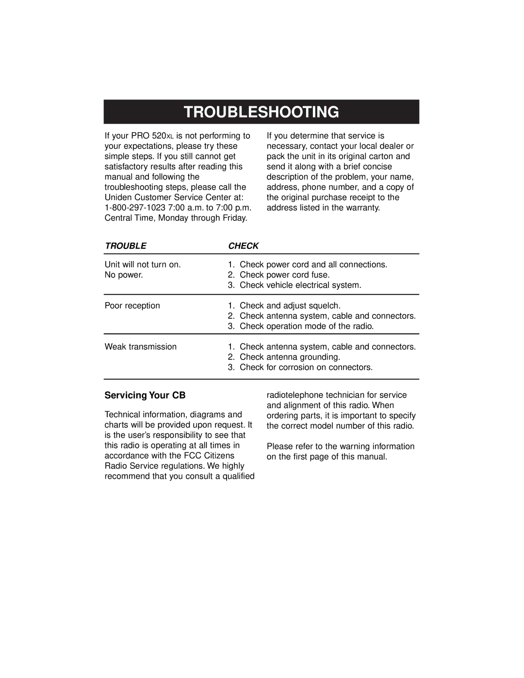 Uniden PRO520XL manual Troubleshooting, Servicing Your CB 