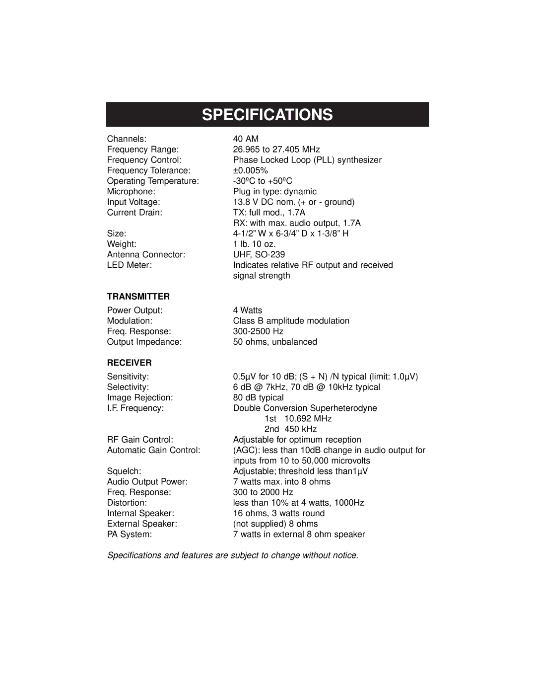 Uniden PRO520XL manual Specifications, Transmitter 